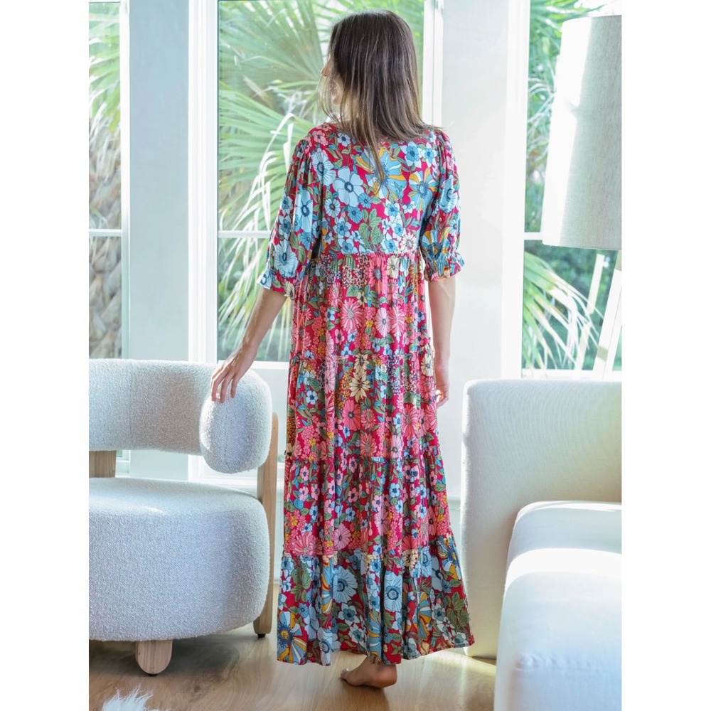 NEW Natural Life Collette Tiered Floral Maxi Dress Ruffle Womens XL Pink Blue - Picture 3 of 14